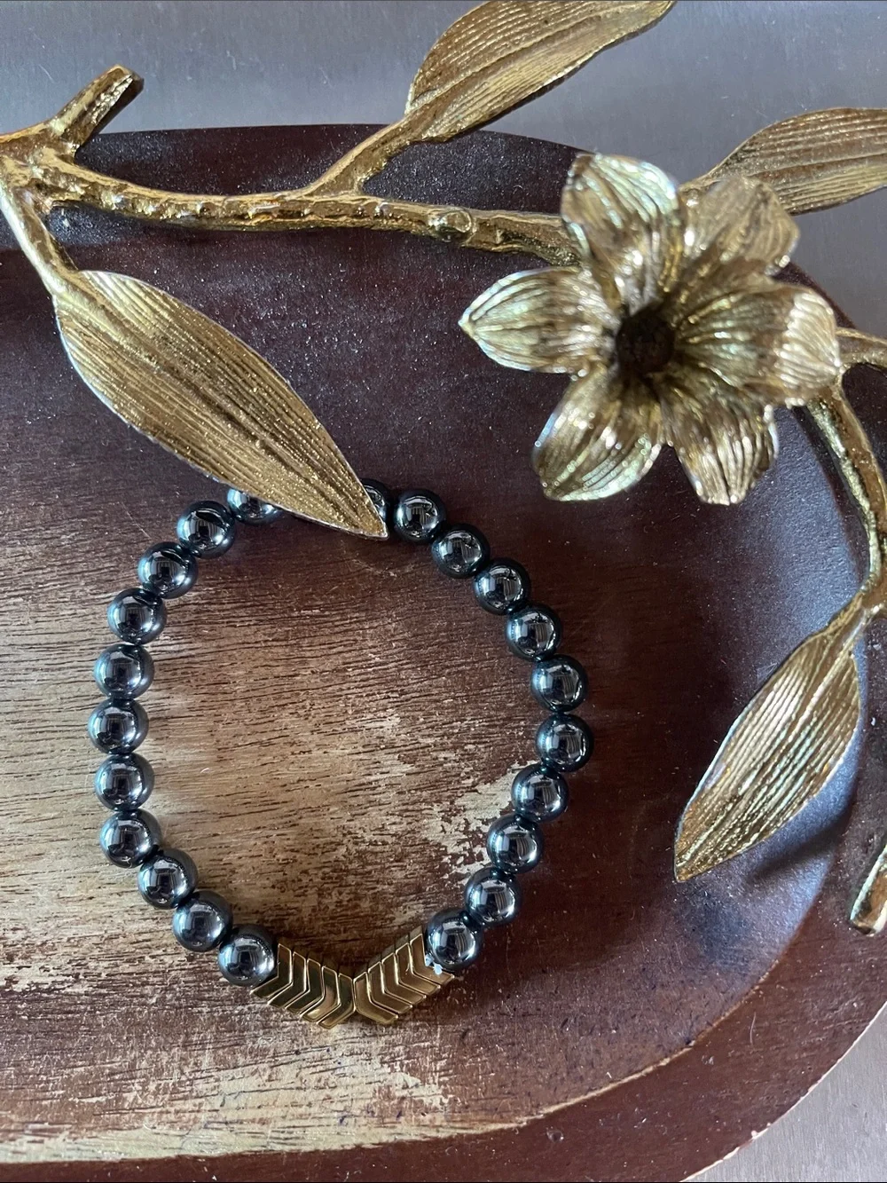 Hematite Bead Bracelet with Gold Chevron Accent - Women's Jewelry